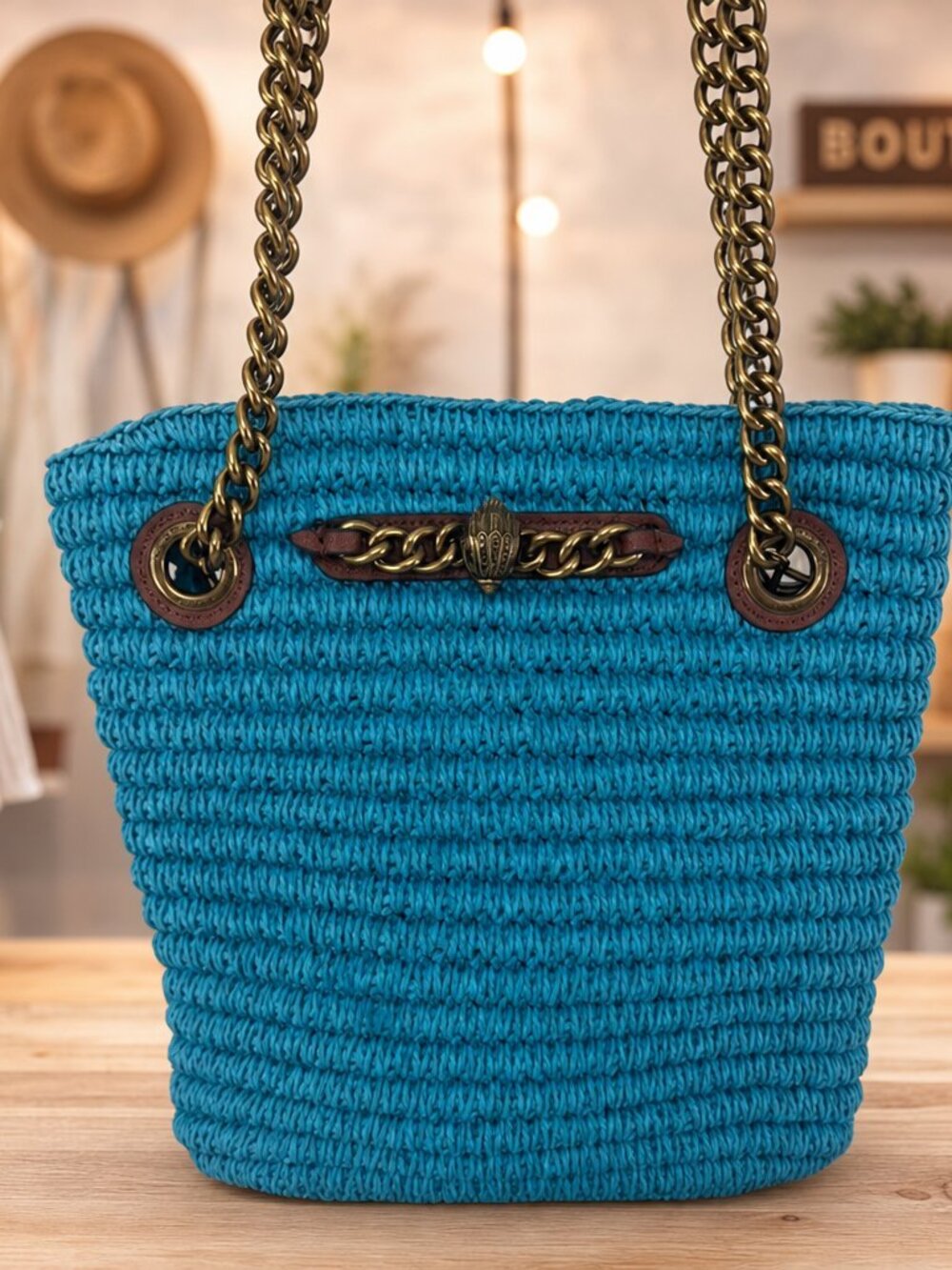 Kurt Geiger Chelsea Blue Raffia Tote Bag with Chain Handles